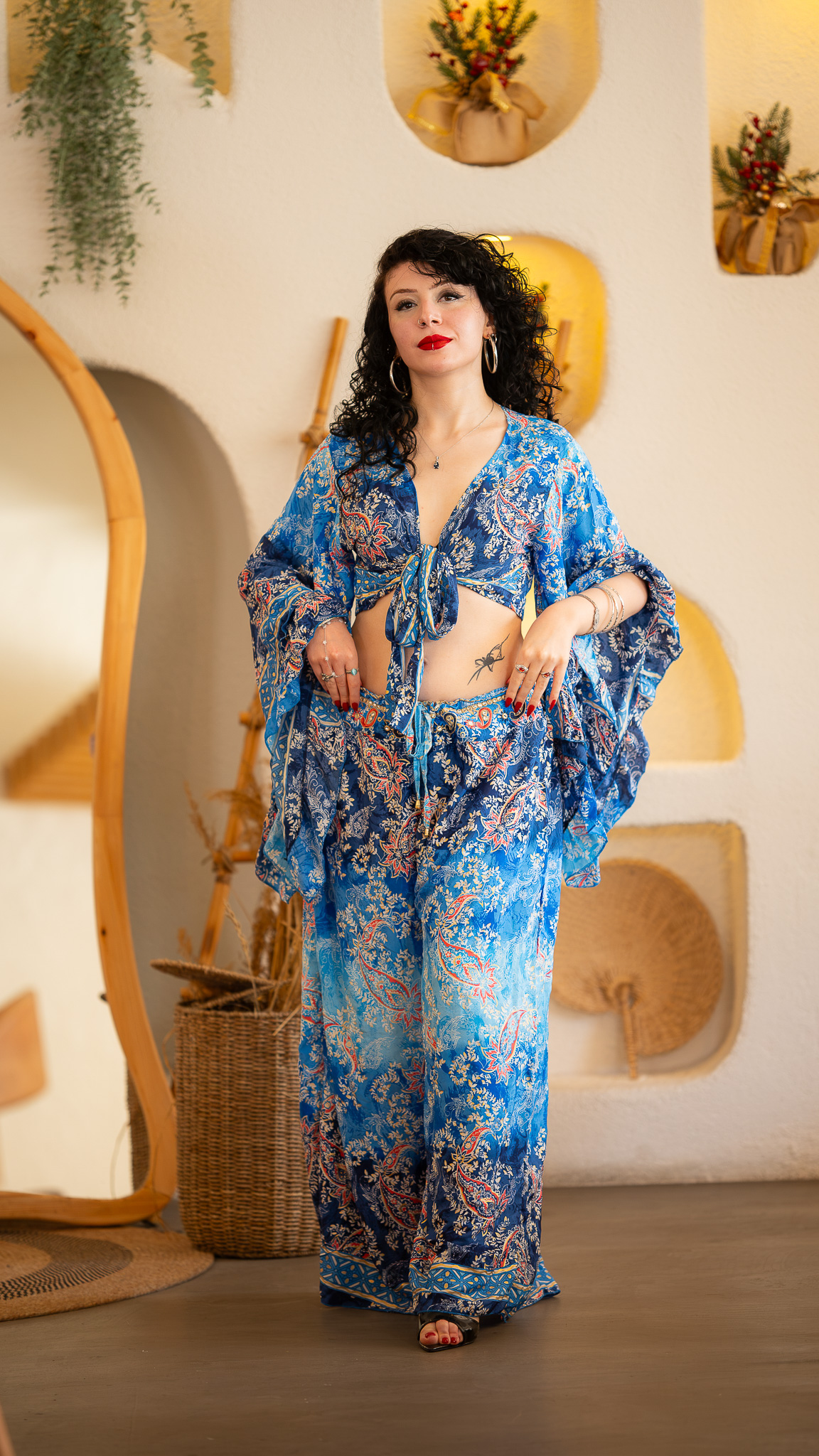 Şal Desenli Mavi Bolero ve Pantolon Takımı