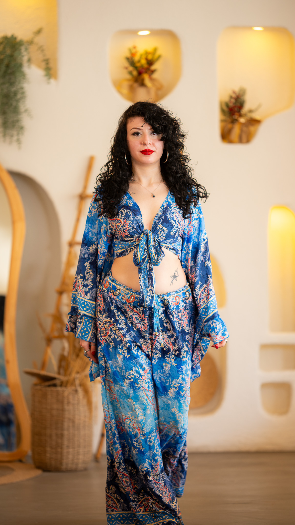 Şal Desenli Mavi Bolero ve Pantolon Takımı